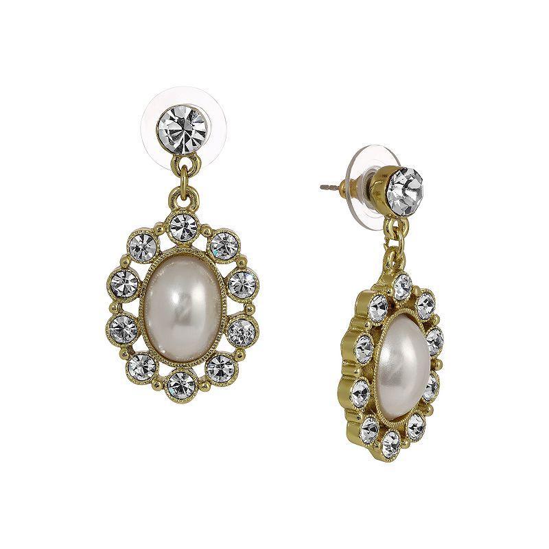 1928 Gold Tone and Faux Pearl Oval Drop Earrings, Womens, White Product Image