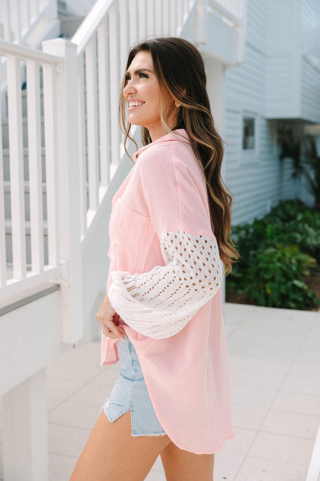 Keep Shining Pink and Cream Color Block Crochet Sleeve Gauze Shacket Product Image