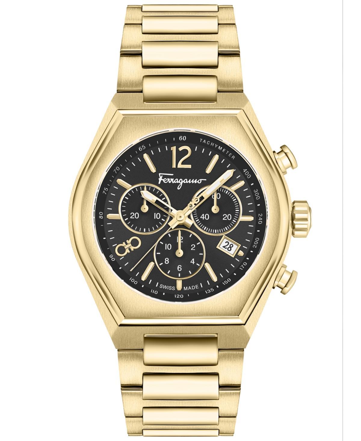 Salvatore Ferragamo Mens Swiss Chronograph Tonneau Gold Ion Plated Stainless Steel Bracelet Watch 42mm Product Image