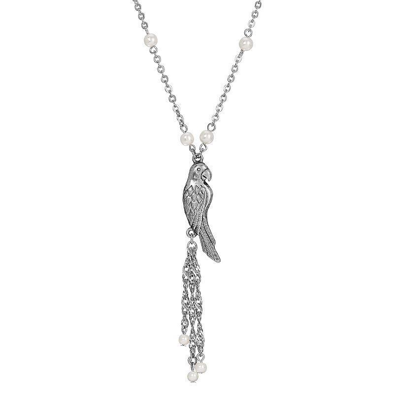 1928 Silver Tone Pewter Parrot Simulated Pearl Chain and Tassel Necklace, Womens, White Product Image