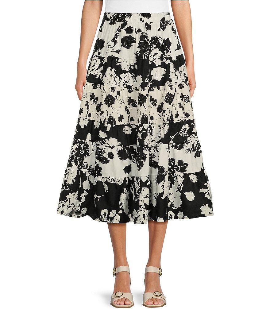 Calessa Abstract Floral Mix Print Tiered A-Line Midi Skirt Product Image