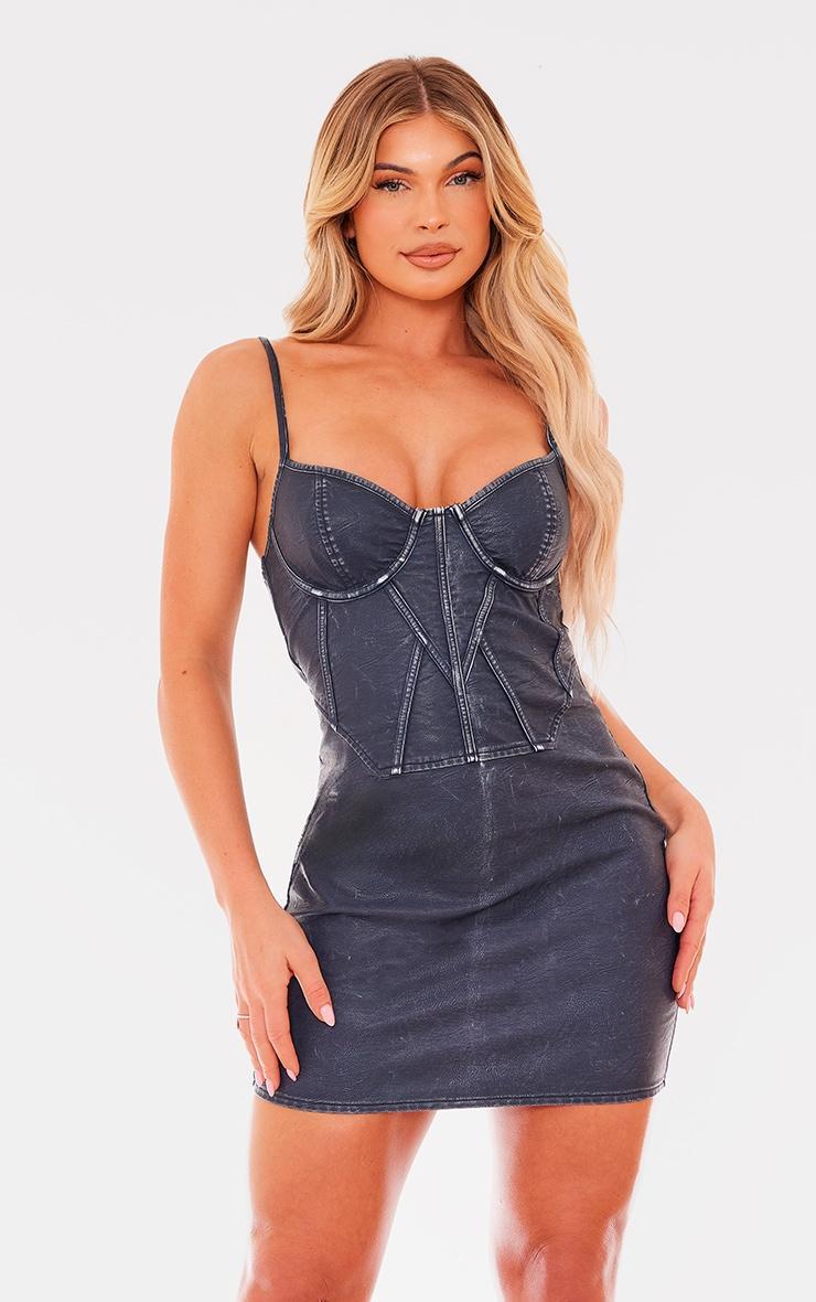 Black  Washed Faux Leather Strappy Bodycon Dress Product Image