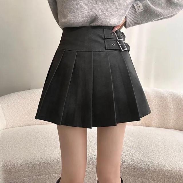 High Waist Plain Pleated Buckled Faux Leather Mini A-Line Skirt Product Image