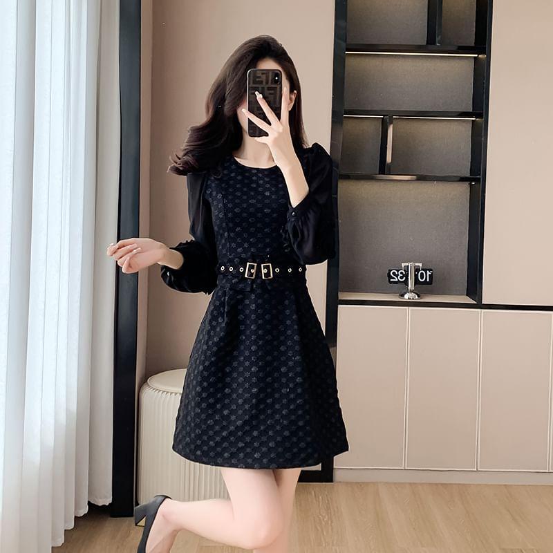 Long-Sleeve Round Neck Floral Mini A-Line Dress Product Image