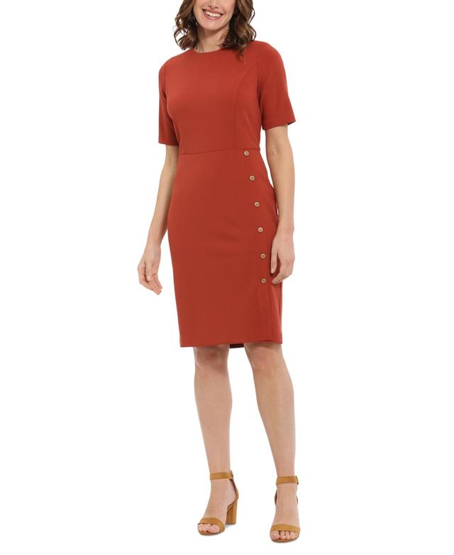 London Times Short Sleeve Crew Neck Side Button Detailing Scuba Crepe Sheath Dress Product Image