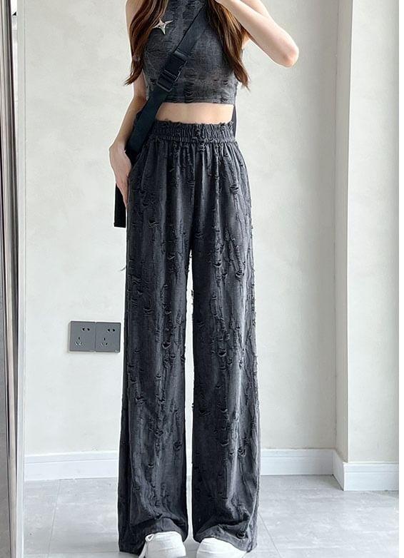 Rip High Waist Plain Wide Leg Sweatpants Product Image