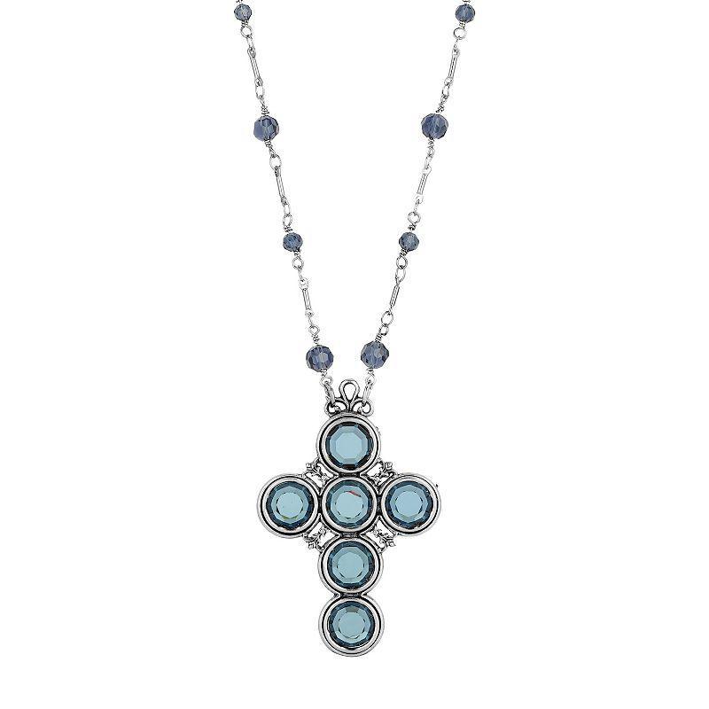 Symbols of Faith Silver Tone & Blue Crystal Cross Necklace, Womens Product Image