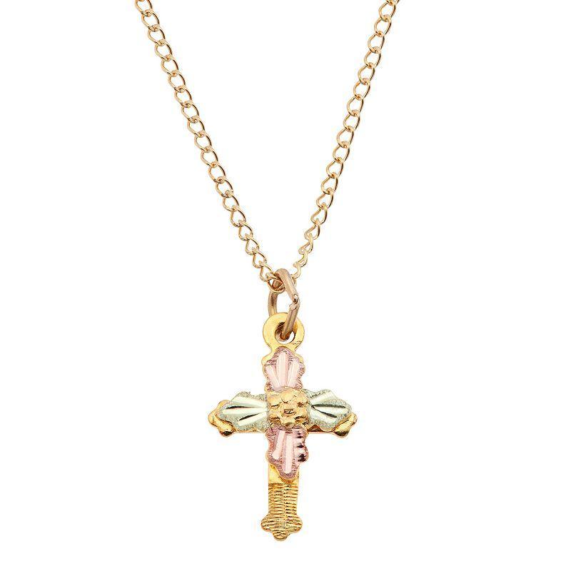 Black Hills Gold Tri Tone Flower Cross Pendant Necklace, Womens 10k Gold Product Image