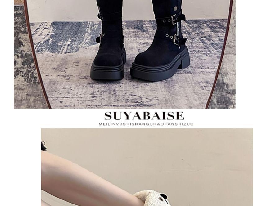 Faux Leather Platform Buckled Mid Calf Boots Product Image