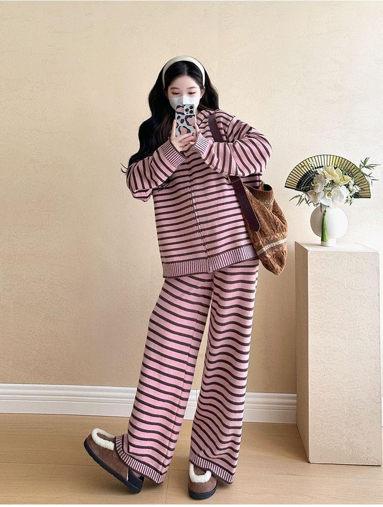 Maternity Set: Striped Zip-Up Knit Hoodie + High Rise Wide Leg Pants Product Image