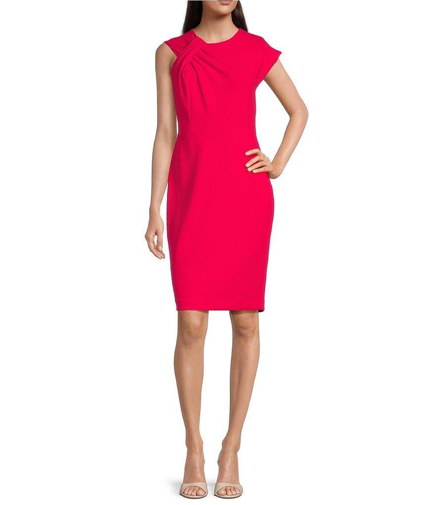 Calvin Klein Short Sleeve Asymmetrical Neck Scuba Crepe Sheath Dress Product Image