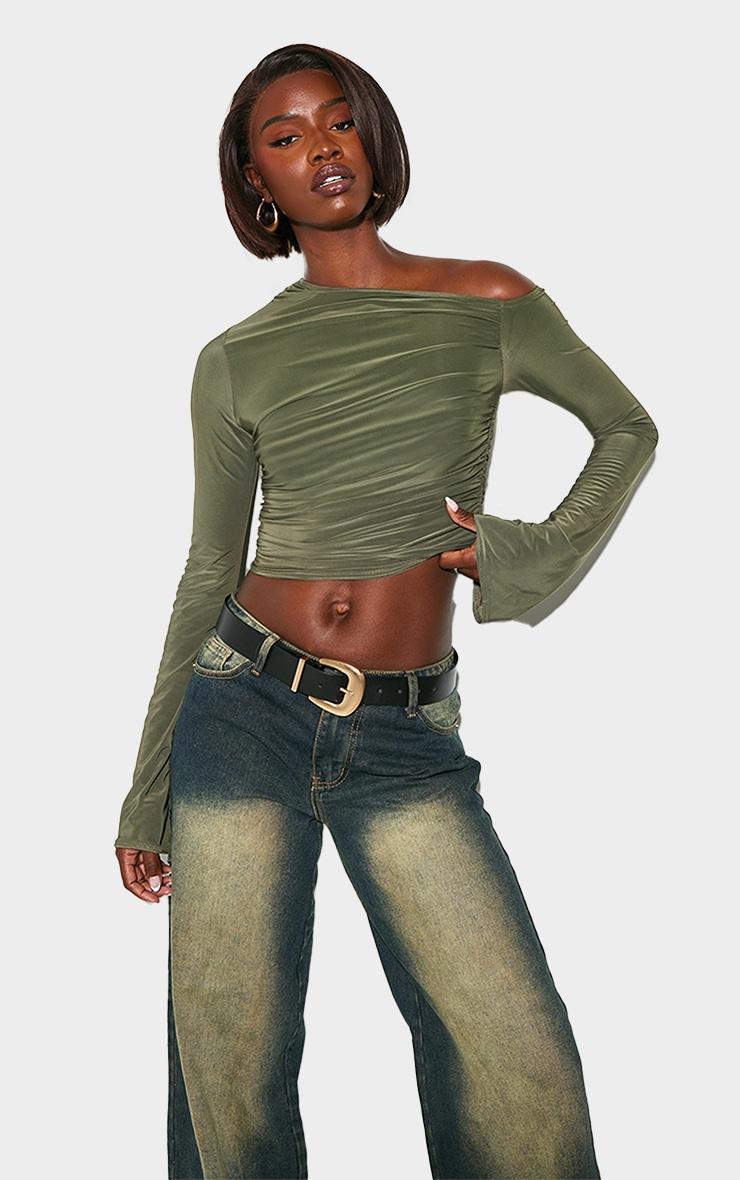 Tall Khaki Slinky Ruched Off The Shoulder Long Sleeve Top Product Image