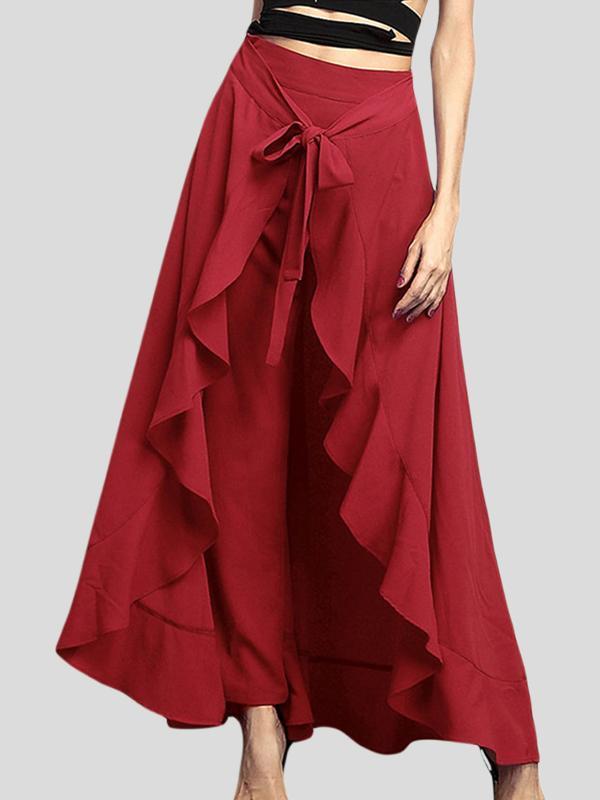 Loose Ruffle Trim Solid Color Split-Joint Tied Waist Zipper Culotte Product Image