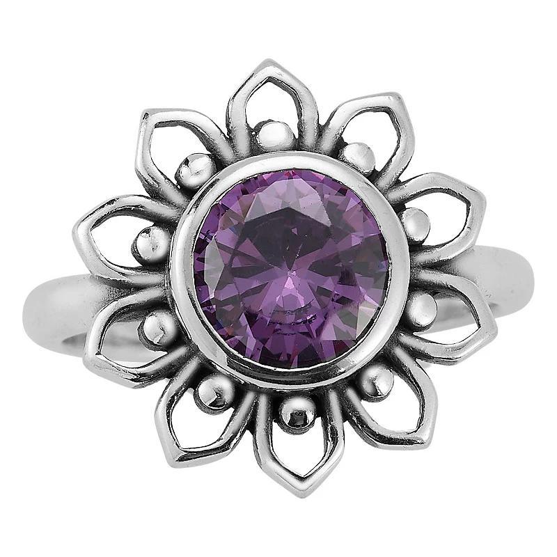 Sunkissed Sterling Rhodium Over Sterling Silver Synthetic Amethyst Floral Ring, Womens Silver Tone Product Image