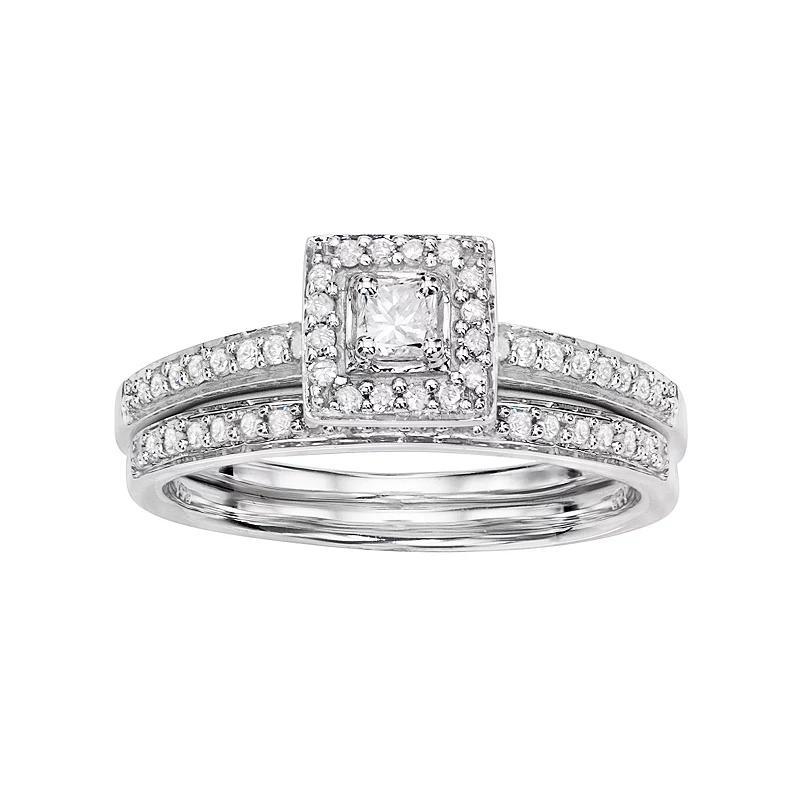 10k White Gold 1/2 Carat T.W. Diamond Halo Engagement Ring Set, Womens Product Image