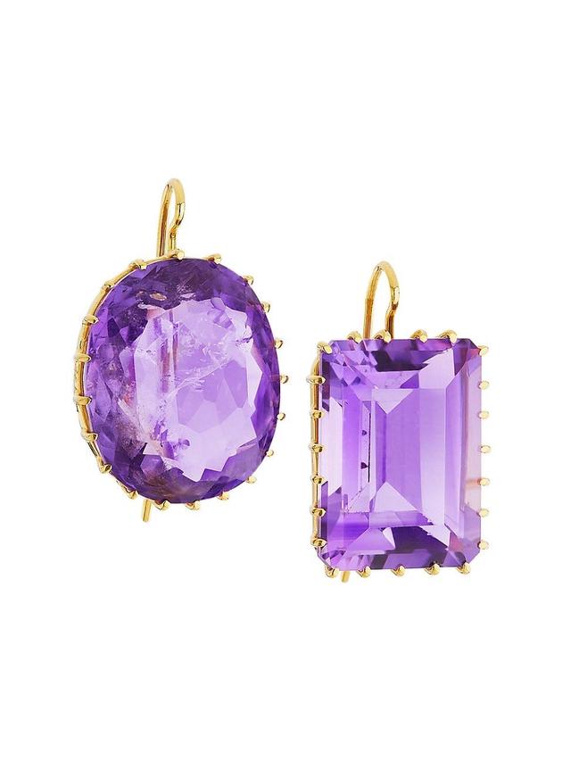 Womens 18K Yellow Gold & Amethyst Mismatched Drop Earrings Product Image