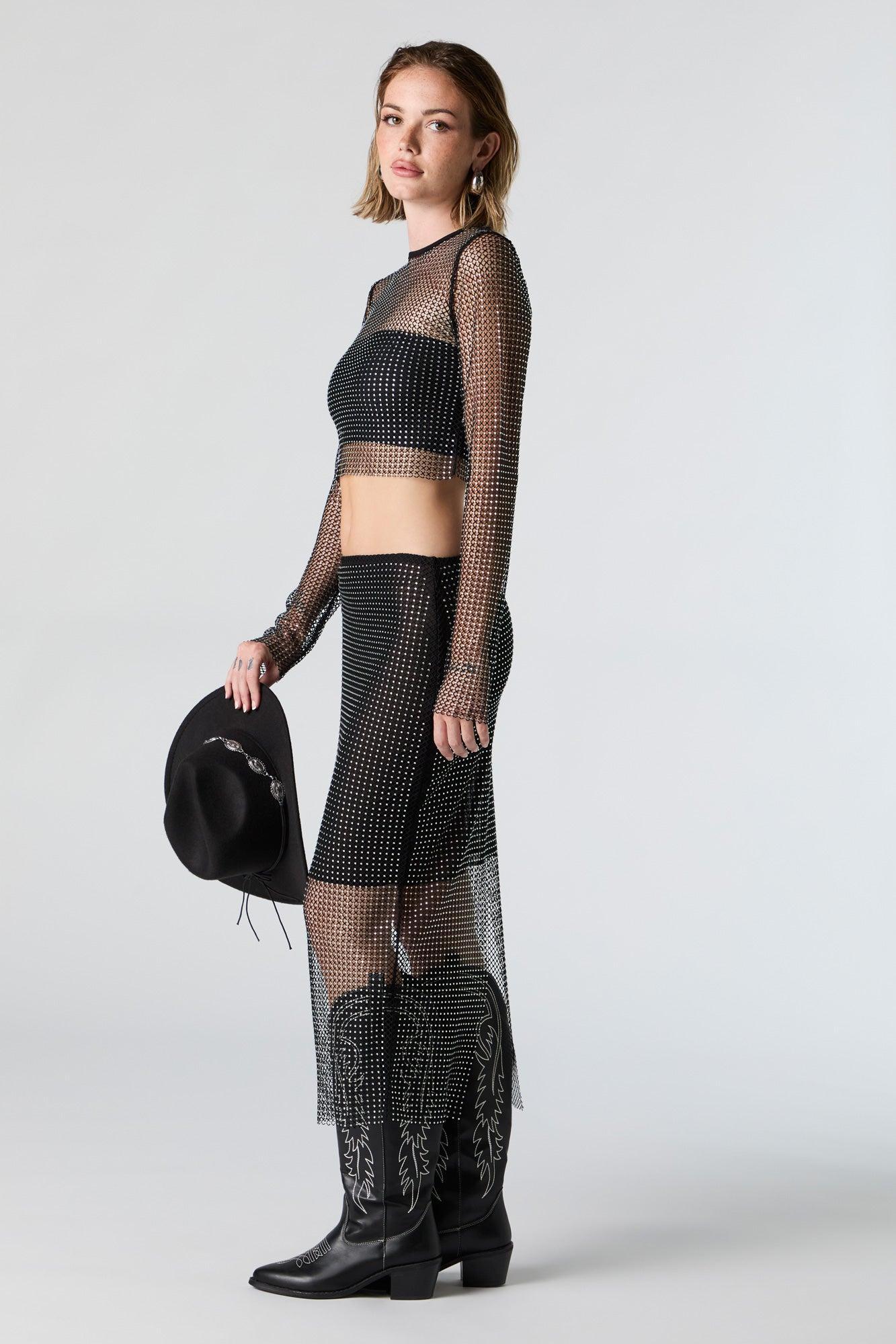 Fishnet Rhinestone Midi Skirt Female Product Image