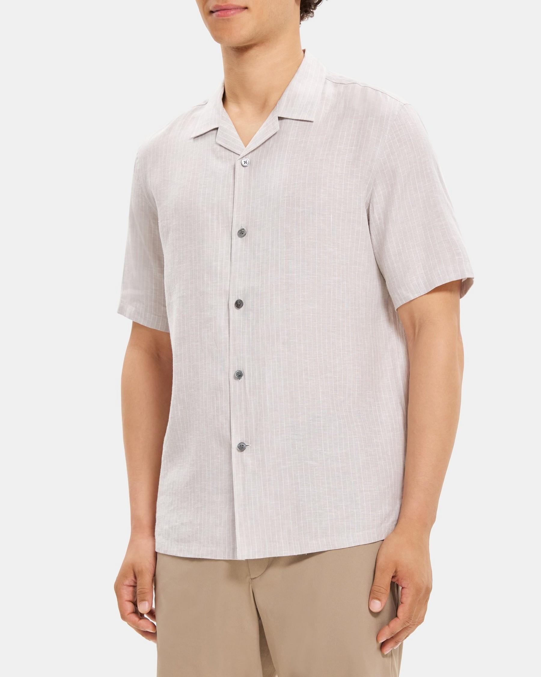 Short-Sleeve Camp Shirt in Striped Linen-Tencel Product Image