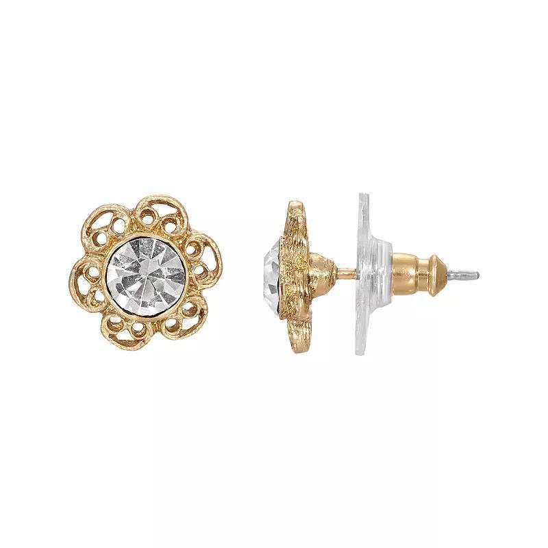 1928 Gold Tone Crystal Center Flower Stud Earrings, Womens, White Product Image