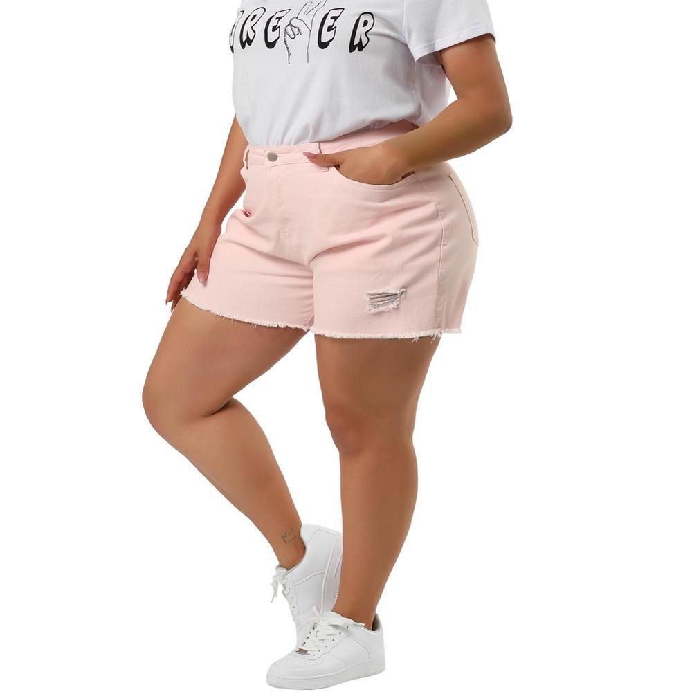 Agnes Orinda Women's Plus Size Denim High Waisted Raw Hem Stretched Distressed Lounge Jean Shorts Pink 3X Product Image