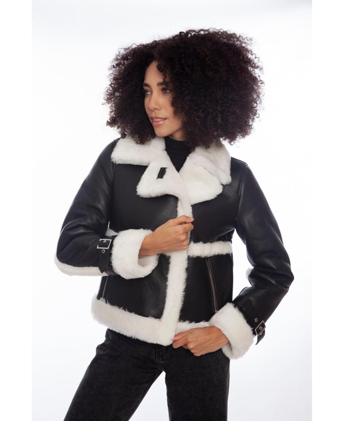 Womens Shearling Half Zipper Jacket, Silky Black with White Wool Product Image