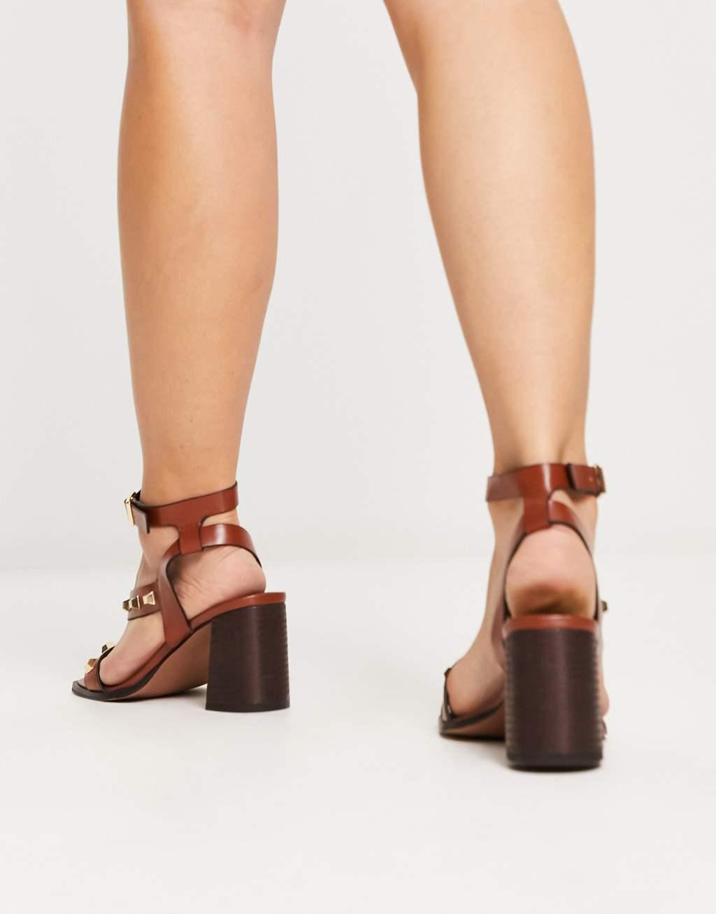 ASOS DESIGN Wide Fit Halter studded mid heeled sandals in tan Product Image