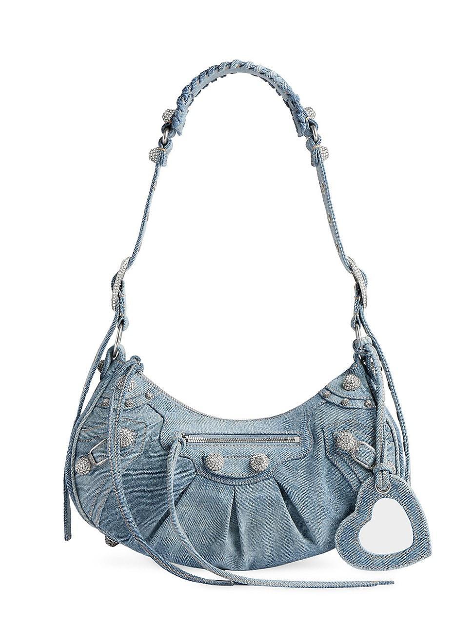 Womens Le Cagole Small Shoulder Bag In Denim With Rhinestones Product Image