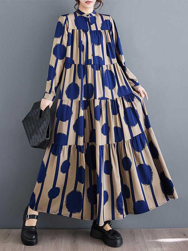 A-Line Long Sleeves Buttoned Pleated Polka-Dot Split-Joint Stand Collar Maxi Dresses Shirt Dress Product Image