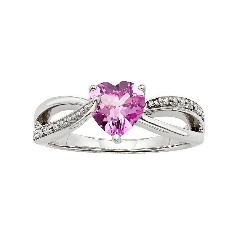 Lab-Created Pink Sapphire and Diamond Accent Sterling Silver Heart Bypass Ring, Womens Product Image