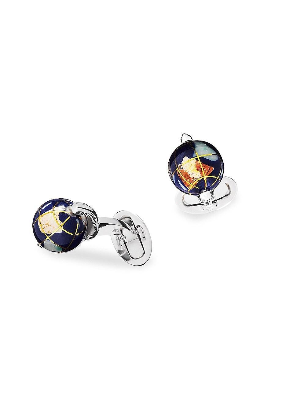 Mens Sterling Silver & Articulated Spinning Lapis Globe Cufflinks - Silver - Silver Product Image