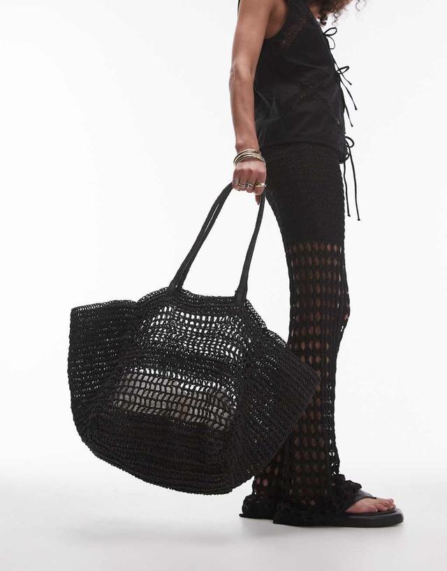 Topshop Timi woven straw tote bag in black Product Image