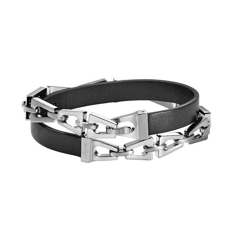 Bulova Mens Classic Black Leather & Stainless Steel Double Wrap Bracelet Multi Product Image