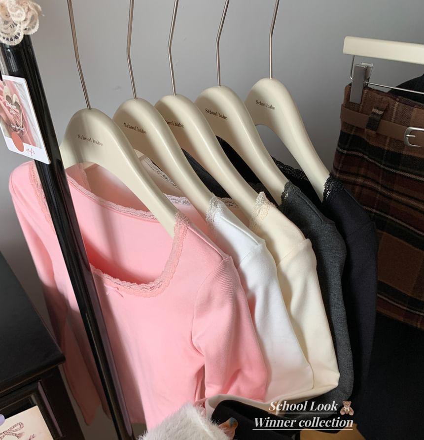 Long Sleeve Square Neck Plain Lace Trim Fleece Lined Top Product Image