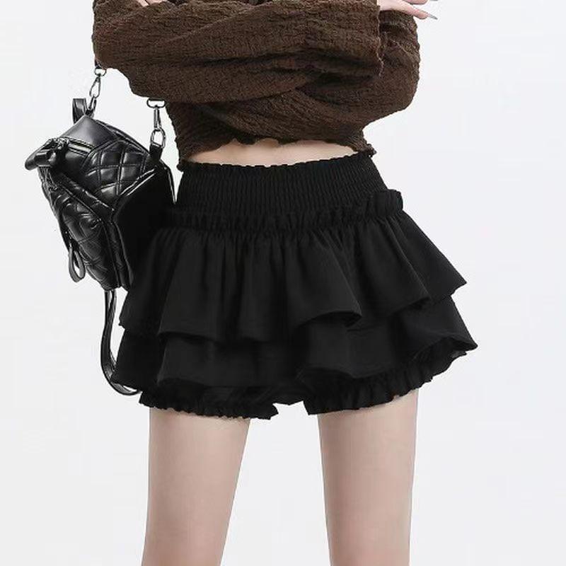 High Waist Plain Ruffled Mini A-Line Layered Skirt Product Image