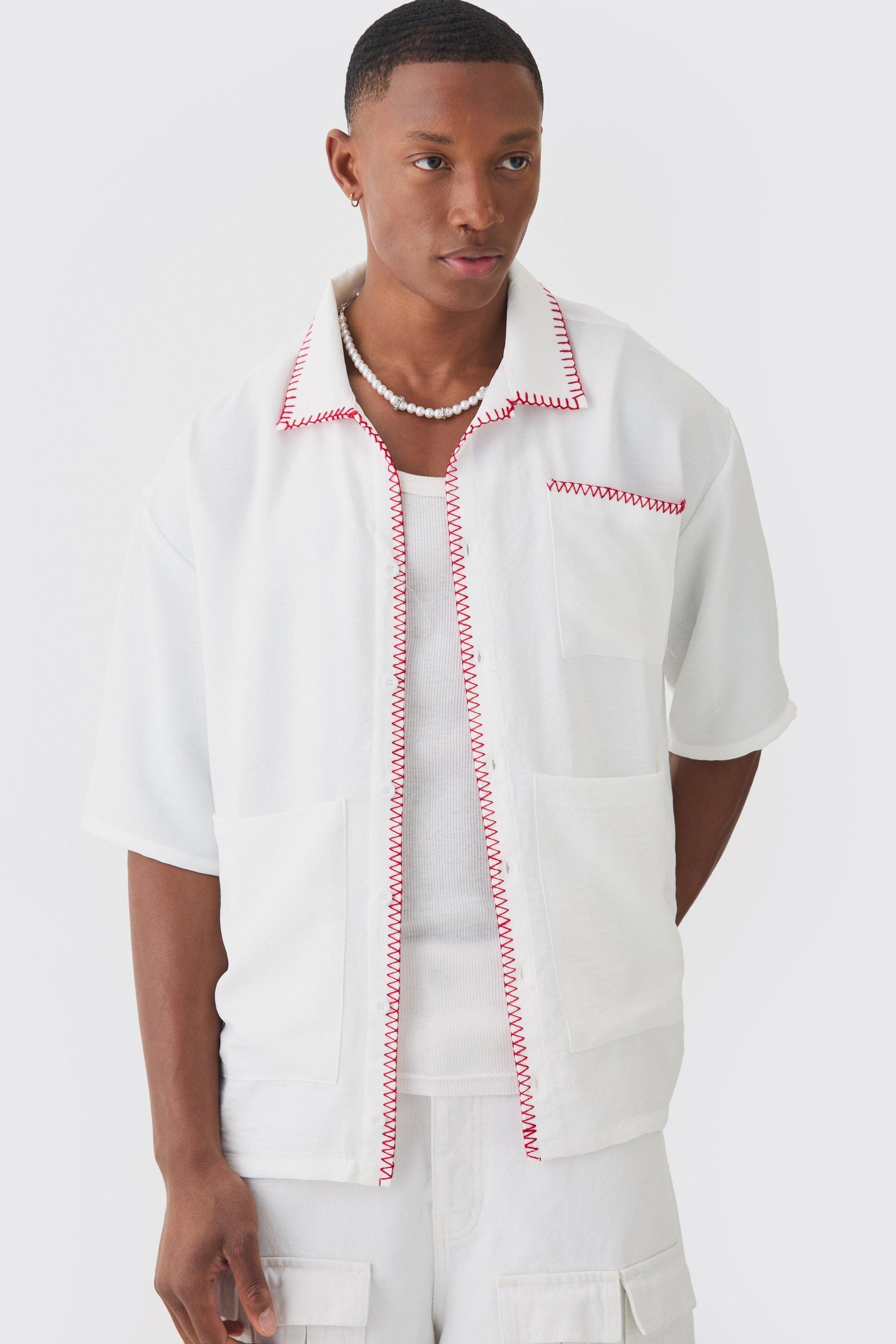 Mens White Oversized Linen Contrast Cross Stitch Shirt, White Product Image