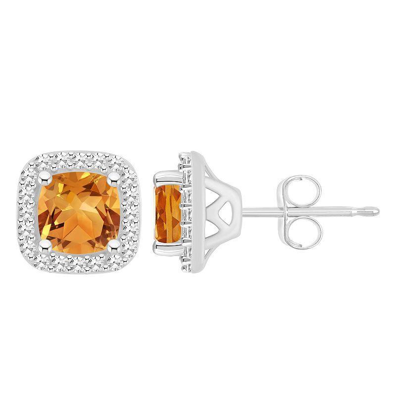 Celebration Gems Sterling Silver 5 mm Cushion Gemstone & 1/5 Carat T.W. Diamond Halo Stud Earrings, Womens, Orange Product Image