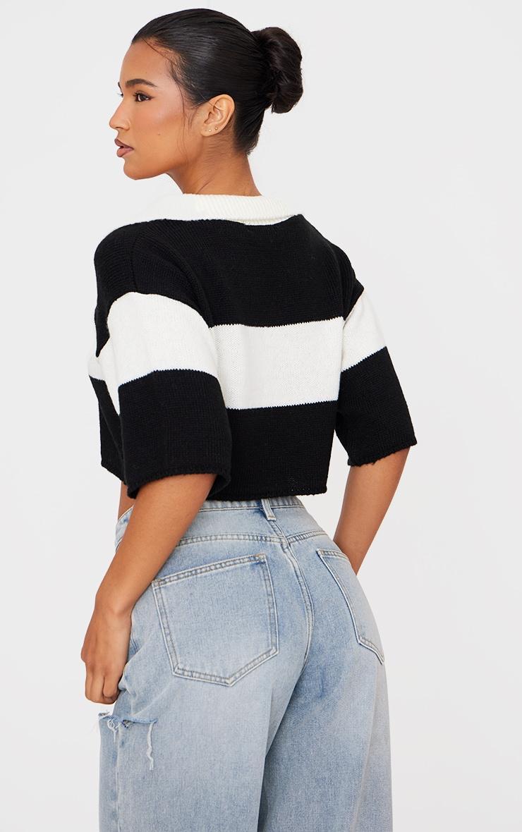 Monochrome Stripe Knit V Neck Cropped Rugby Top Product Image