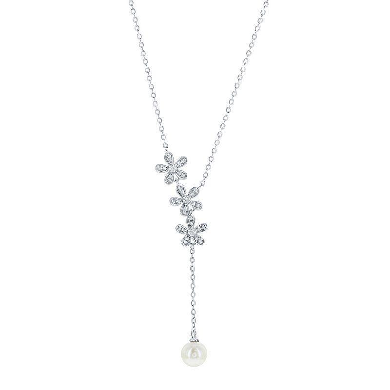 Argento Bella Sterling Silver Cultured Freshwater Pearl Flower & Cubic Zirconia Lariat Necklace, Womens White Product Image