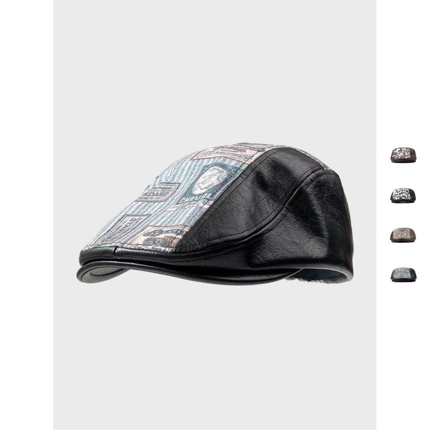 Patterned Print Panel Faux Leather Flat Cap Product Image