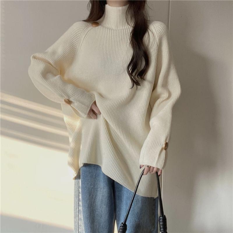 Long-Sleeve High Neck Plain Ribbed Sweater Product Image