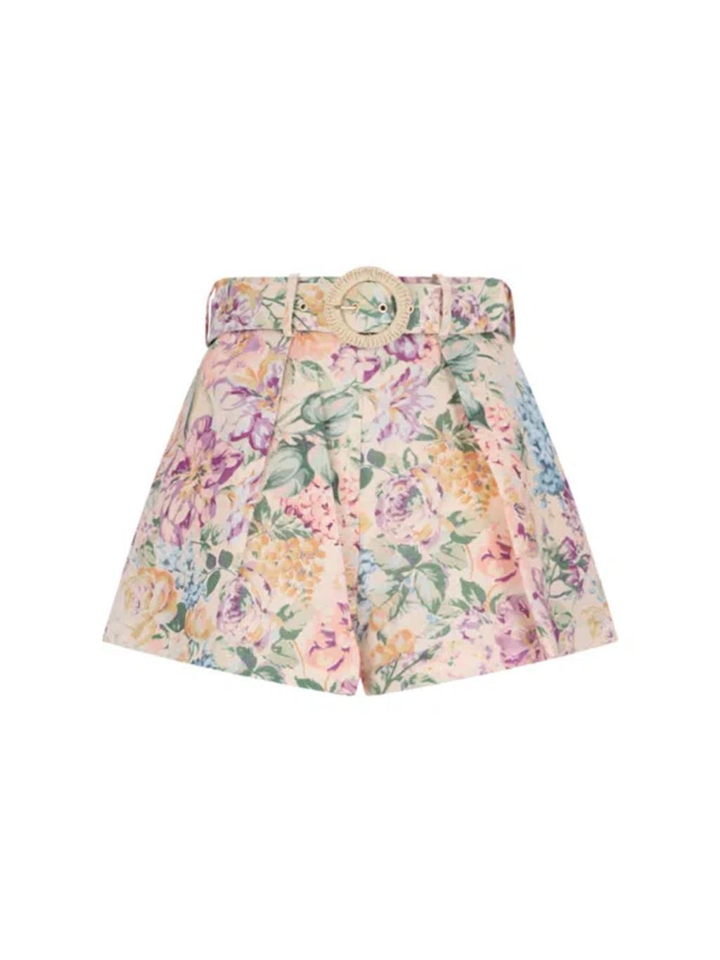 ZIMMERMANN Halliday Floral Belted Linen Shorts In Multi Watercolour Floral Product Image