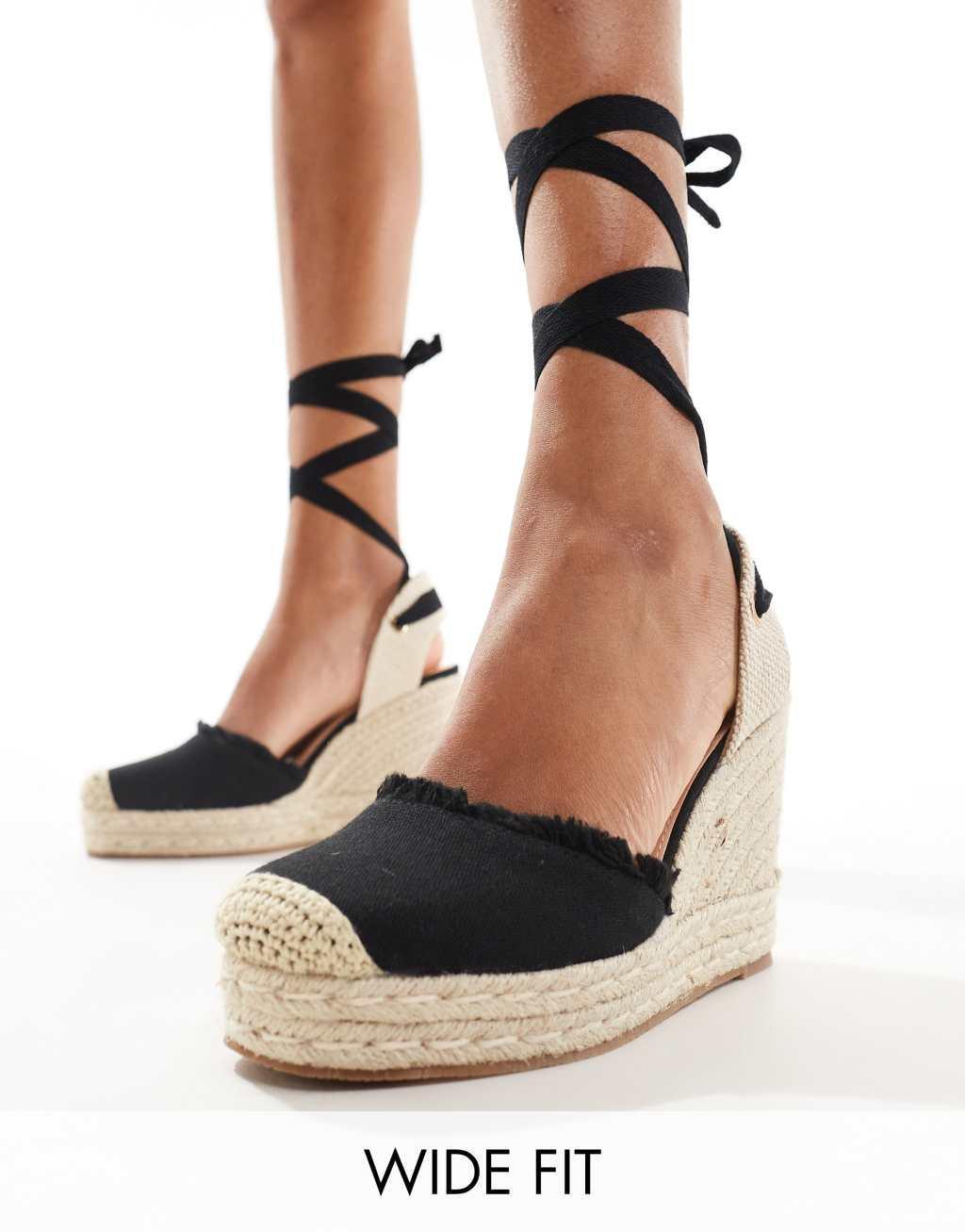 Truffle Collection wide fit jute wedge strappy espadrilles in black Product Image