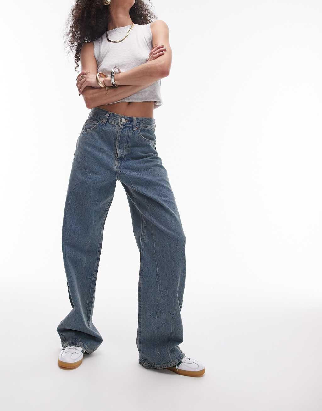 Topshop mid rise Column jeans in dirty marble wash Product Image