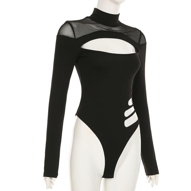 Long-Sleeve High Neck Paneled Mesh Panel Bodysuit Top Product Image