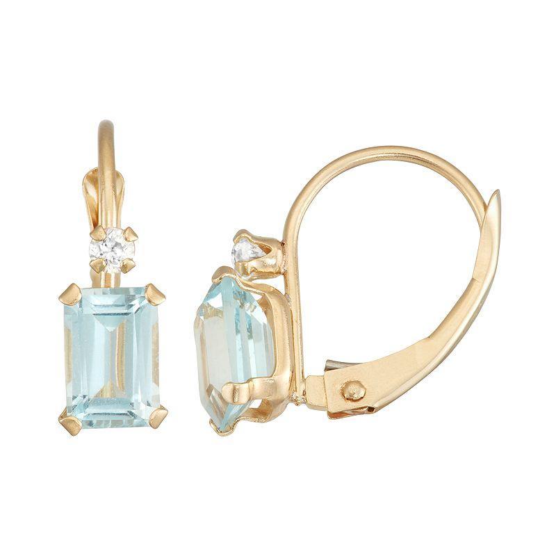 10k Gold Emerald-Cut Lab-Created Aquamarine & White Zircon Leverback Earrings, Womens, Blue Product Image