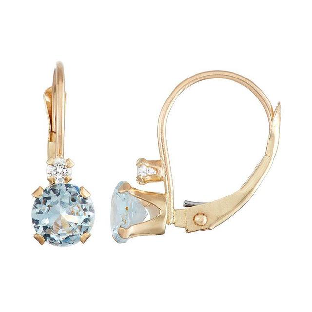 Designs by Gioelli 10k Gold Round-Cut Lab-Created Aquamarine & White Zircon Leverback Earrings, Womens, Blue Product Image