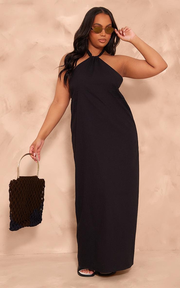 Plus Black Linen Look Knot Halterneck Maxi Dress Product Image