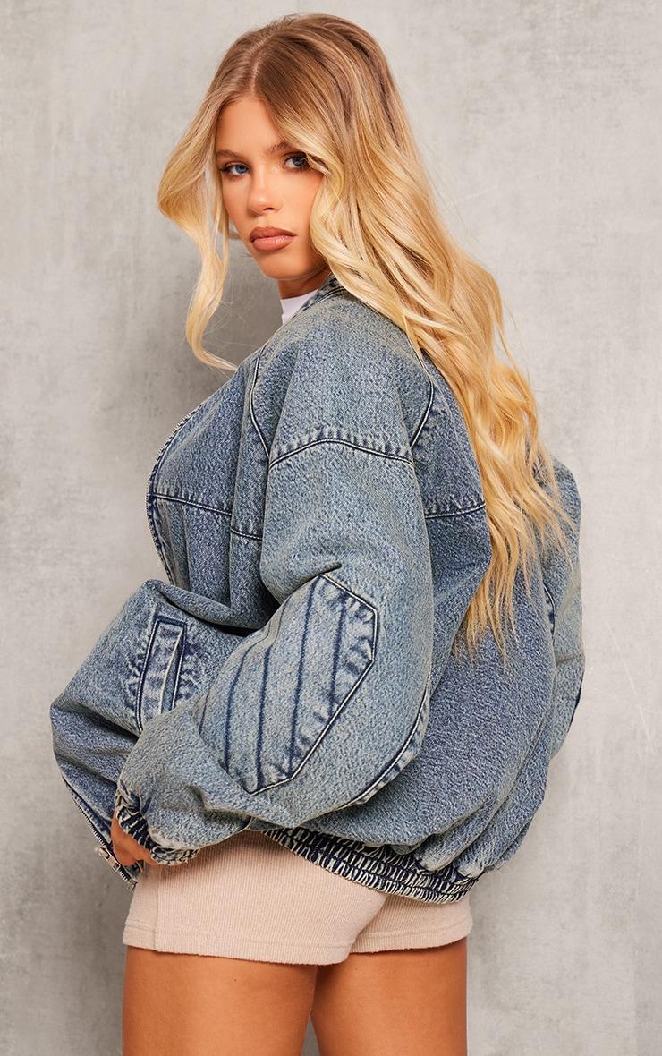 Vintage Wash Zip Up Denim Bomber Jacket Product Image