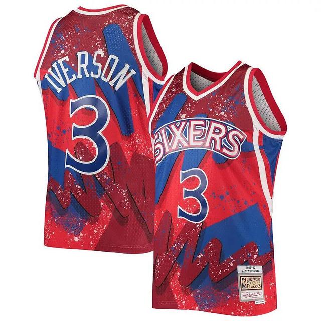 Mens Mitchell & Ness Allen Iverson Red Philadelphia 76ers Hardwood Classics 1996/97 Hyper Hoops Swingman Jersey Product Image