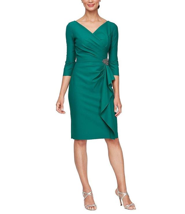 Alex Evenings Surplice Neck 3/4 Sleeve Beaded Detail Cascade Ruffle Sheath Dress Product Image